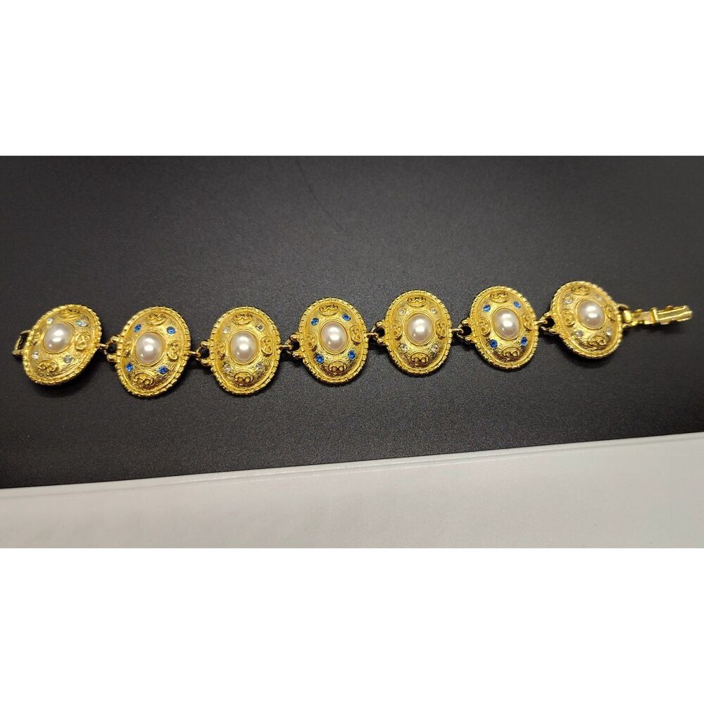 Signed Avante Gold Plated Faux Pearl & Crystal Link Bracelet